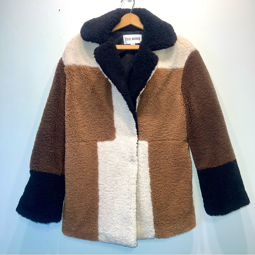 STEVE MADDEN Willow Faux Fur Coat XS Multi Brown Ivory Color block